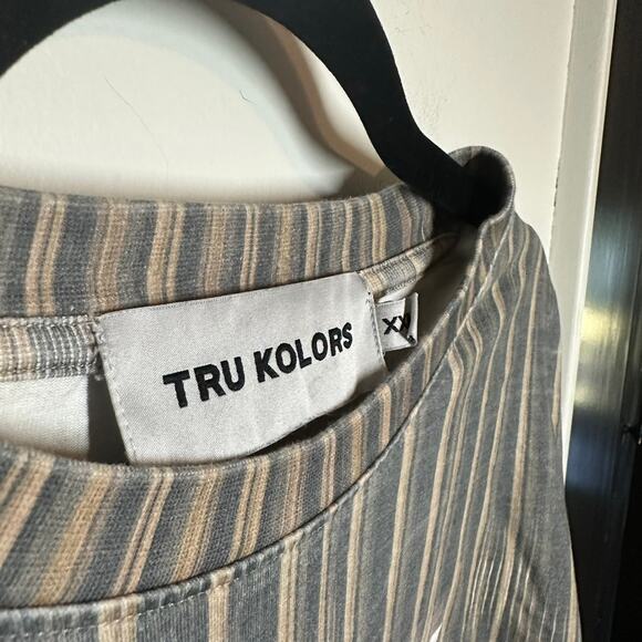 Tru Kolors Men's Blue Tan Vertical Striped Logo Short Sleeve Tee Size XXL - Picture 4 of 8